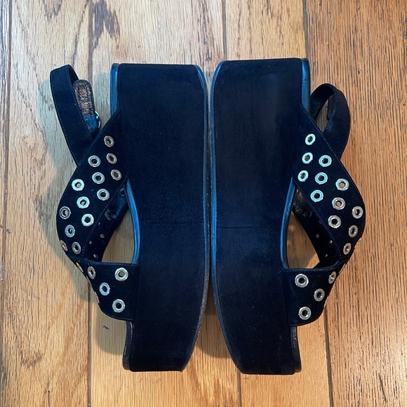 PRADA PLATFORMS Black Suede Silver Eyelet Hardware Open Toe Strap On EU 40 US 9 - Picture 7 of 10